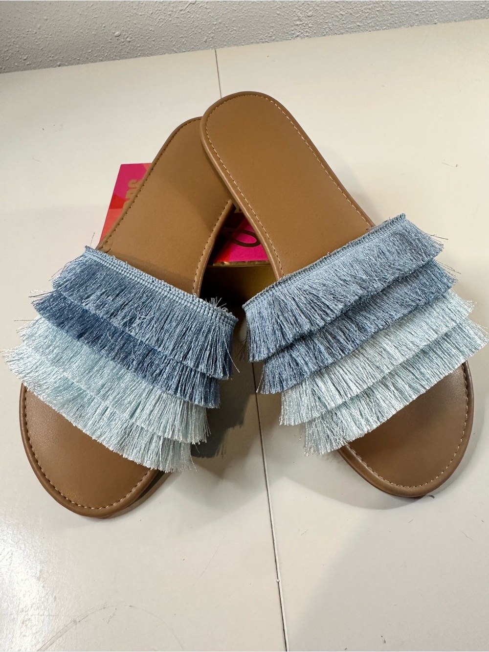 Fringed Slide Sandals in Light Blue Denim - Women Size 9